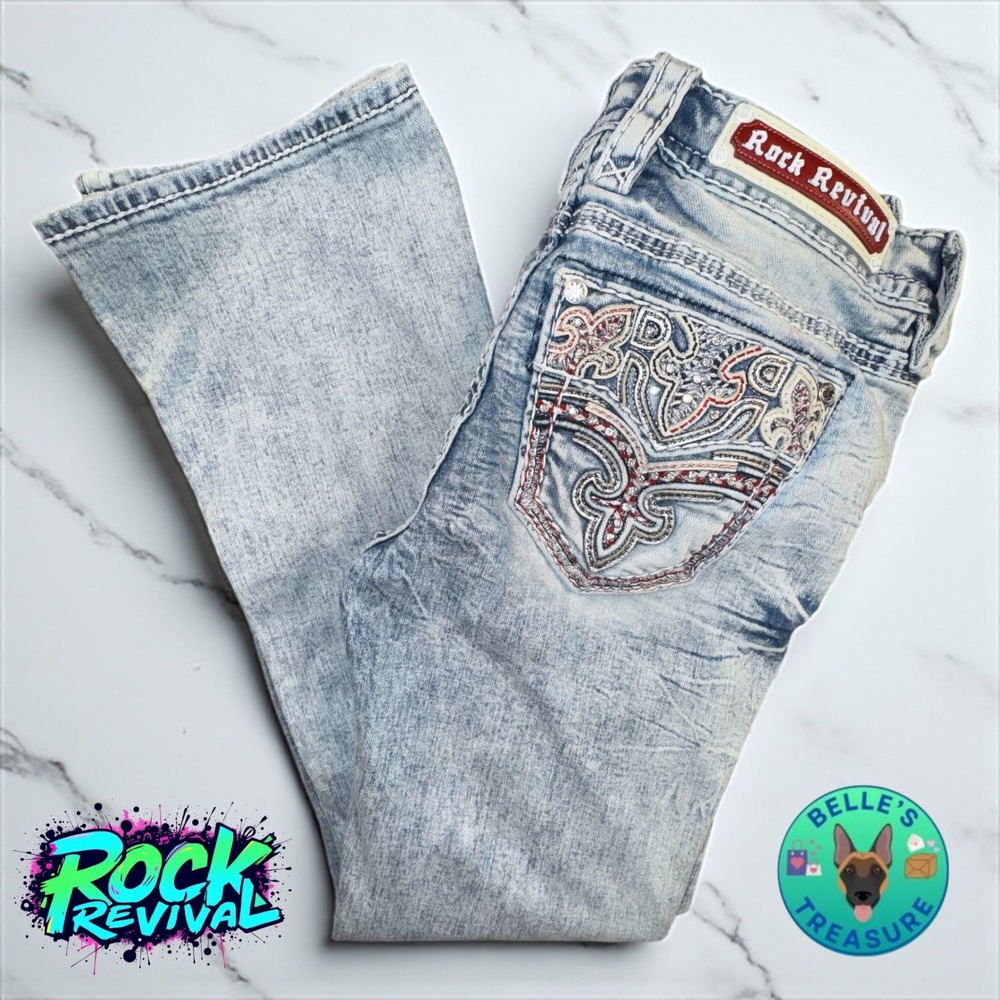 Rock Revival‎ Jeans Women's 28 Nuri Boot Cut Embellished Acid Wash Denim 29x28